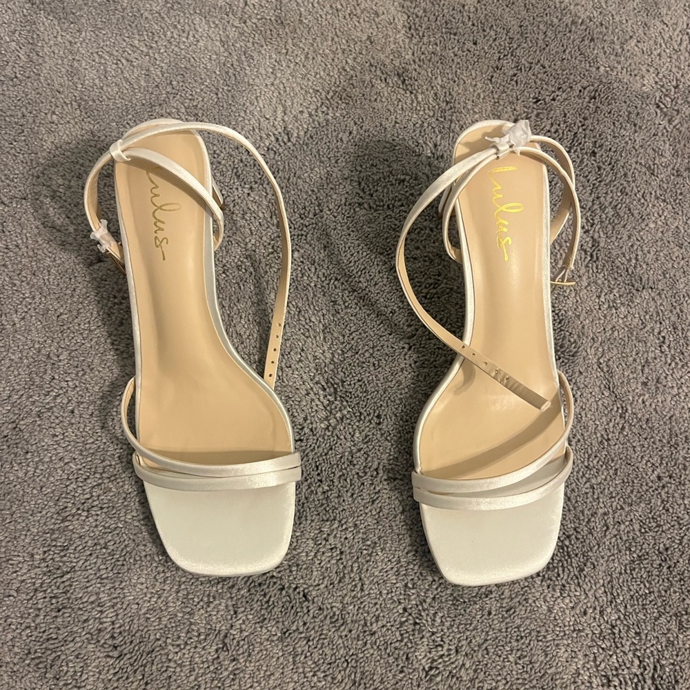 Lulus loxley white satin heels | size 9, heel height 2 inches